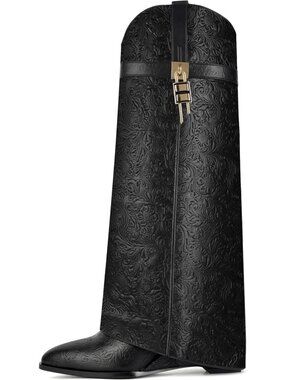 Knee High Fold Over Shark Boots with 4-Inch Wedge Heel & Side Zipper - Women's